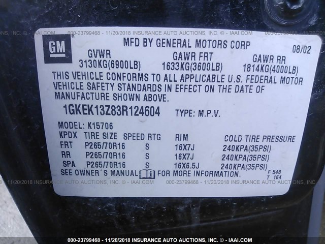 1GKEK13Z83R124604 - 2003 GMC YUKON GRAY photo 9