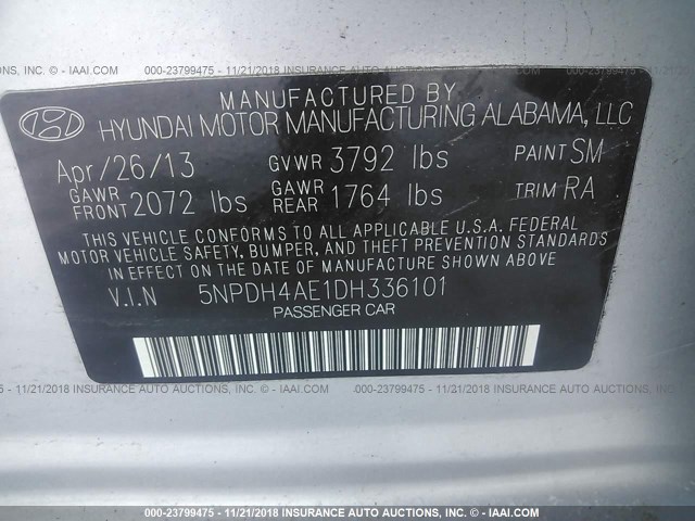 5NPDH4AE1DH336101 - 2013 HYUNDAI ELANTRA GLS/LIMITED SILVER photo 9