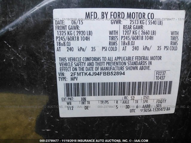 2FMTK4J94FBB52894 - 2015 FORD EDGE SEL GRAY photo 9