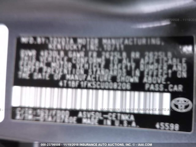 4T1BF1FK5CU008206 - 2012 TOYOTA CAMRY SE/LE/XLE 灰色 照片 9