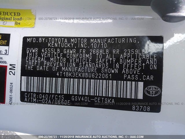 4T1BK3EK8BU622061 - 2011 TOYOTA CAMRY SE/LE/XLE 白色 照片 9