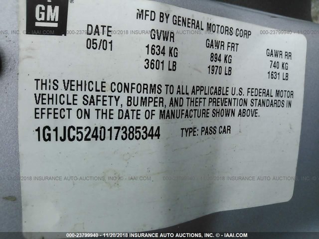 1G1JC524017385344 - 2001 CHEVROLET CAVALIER CNG SILVER photo 9