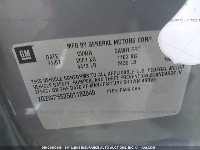 2G2WP552581182649 - 2008 PONTIAC GRAND PRIX SILVER photo 9