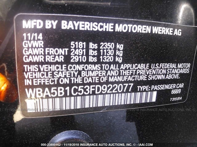 WBA5B1C53FD922077 - 2015 BMW 535 I BLACK photo 9