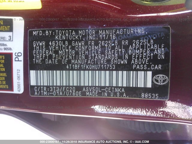 4T1BF1FK0HU711753 - 2017 TOYOTA CAMRY LE/XLE/SE/XSE RED photo 9