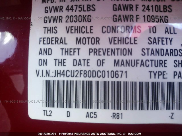 JH4CU2F80DC010671 - 2013 ACURA TSX SE RED photo 9