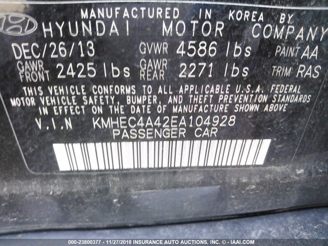 KMHEC4A42EA104928 - 2014 HYUNDAI SONATA HYBRID BLACK photo 9