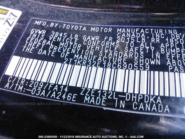 2T1KR32E18C690559 - 2008 TOYOTA COROLLA MATRIX XR BLACK photo 9
