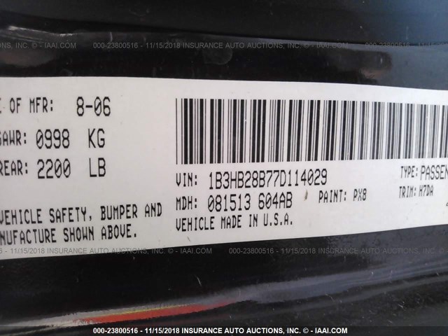 1B3HB28B77D114029 - 2007 DODGE CALIBER BLACK photo 9