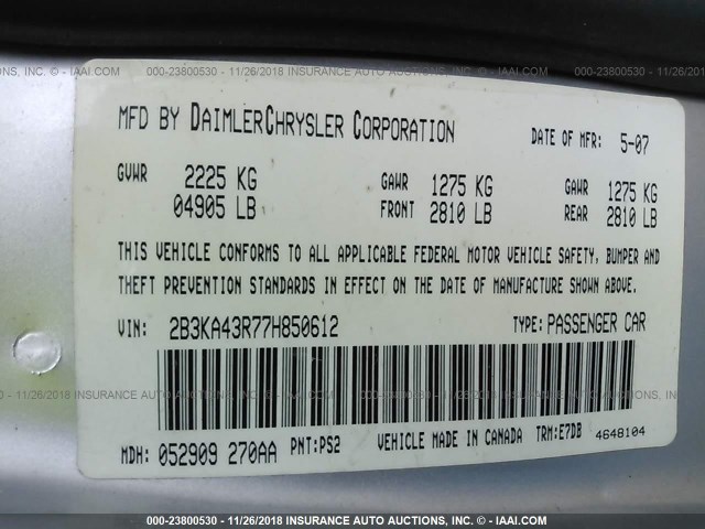 2B3KA43R77H850612 - 2007 DODGE CHARGER SE/SXT SILVER photo 9