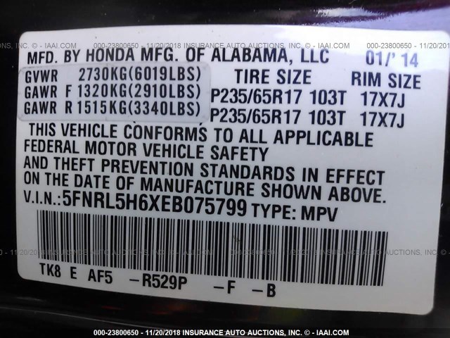 5FNRL5H6XEB075799 - 2014 HONDA ODYSSEY EXL MAROON photo 9