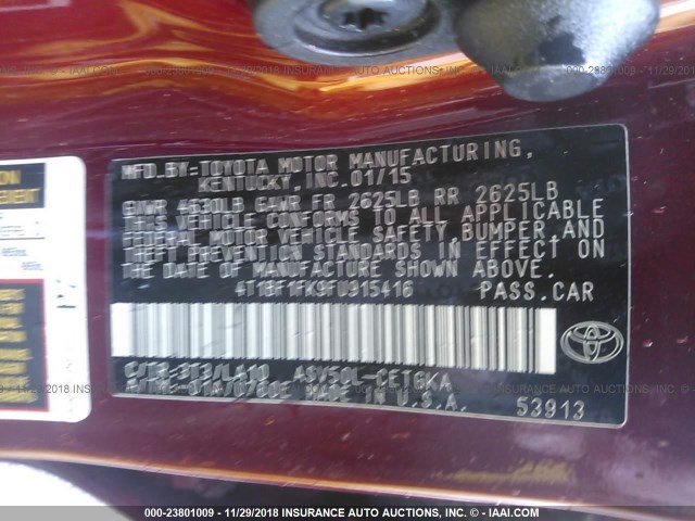 4T1BF1FK9FU915416 - 2015 TOYOTA CAMRY LE/XLE/SE/XSE RED photo 9