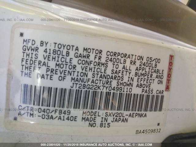 JT2BG22K7Y0499110 - 2000 TOYOTA CAMRY CE/LE/XLE WHITE photo 9