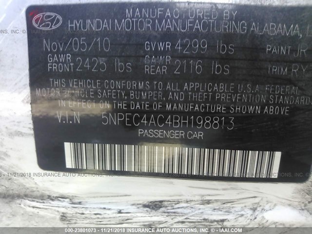 5NPEC4AC4BH198813 - 2011 HYUNDAI SONATA SE/LIMITED WHITE photo 9