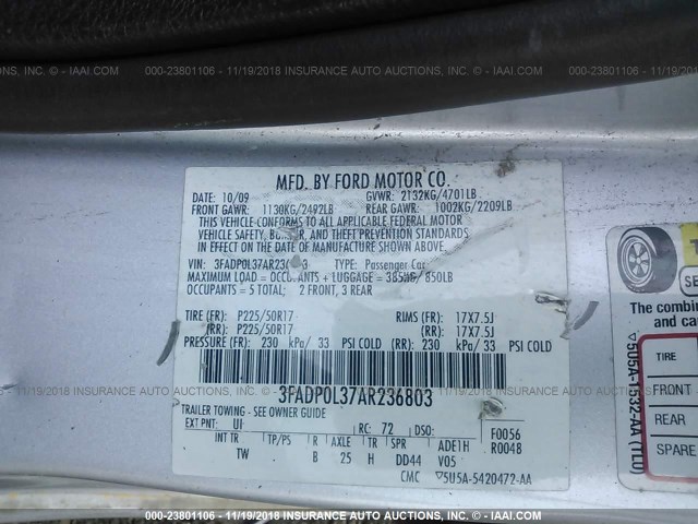 3FADP0L37AR236803 - 2010 FORD FUSION HYBRID SILVER photo 9