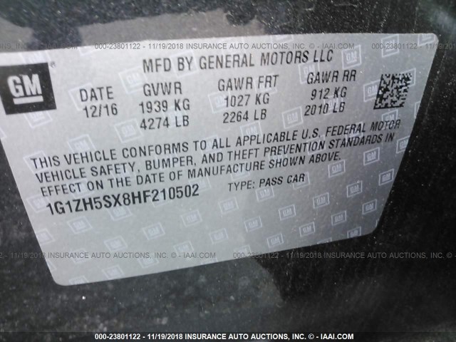 1G1ZH5SX8HF210502 - 2017 CHEVROLET MALIBU PREMIER GRAY photo 9