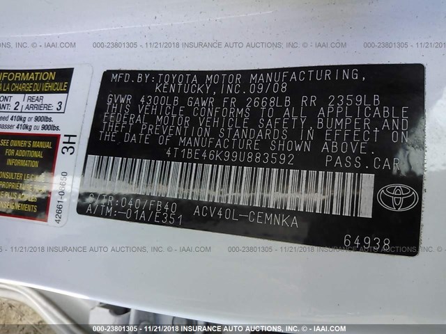 4T1BE46K99U883592 - 2009 TOYOTA CAMRY SE/LE/XLE 白色 照片 9