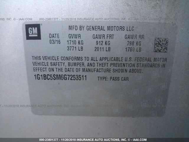 1G1BC5SM6G7253511 - 2016 CHEVROLET CRUZE LS SILVER photo 9