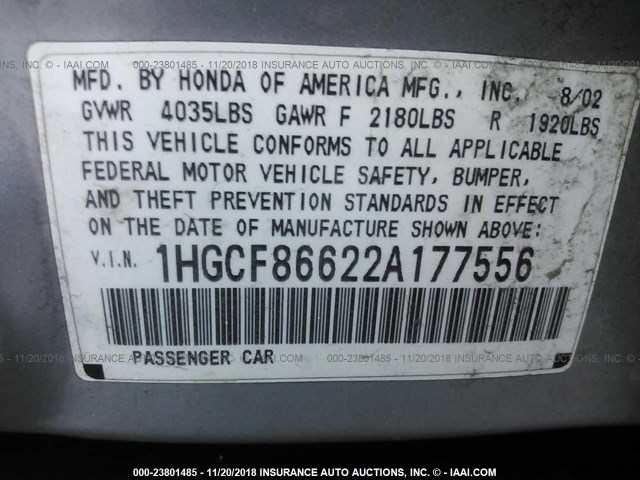 1HGCF86622A177556 - 2002 HONDA ACCORD VALUE SILVER photo 9