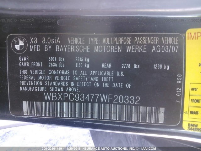 WBXPC93477WF20332 - 2007 BMW X3 3.0SI BLACK photo 9