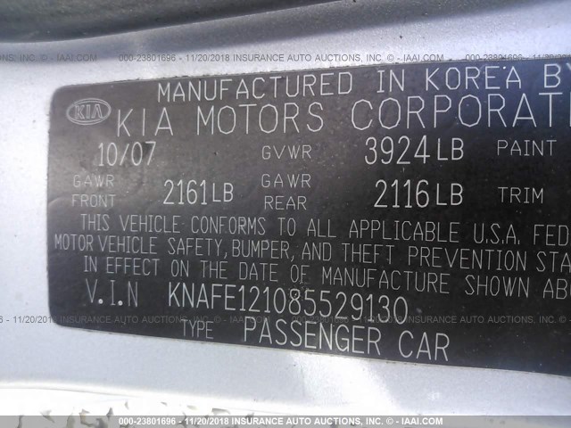 KNAFE121085529130 - 2008 KIA SPECTRA EX/LX/SX GRAY photo 9