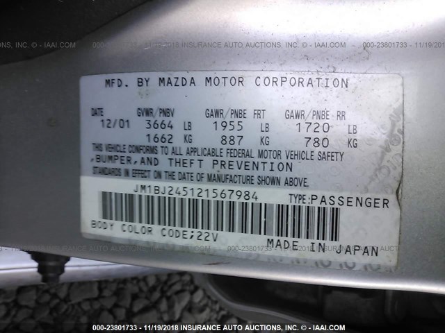 JM1BJ245121567984 - 2002 MAZDA PROTEGE PR5 SILVER photo 9