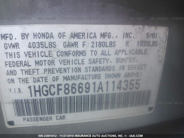 1HGCF86691A114355 - 2001 HONDA ACCORD VALUE SILVER photo 9