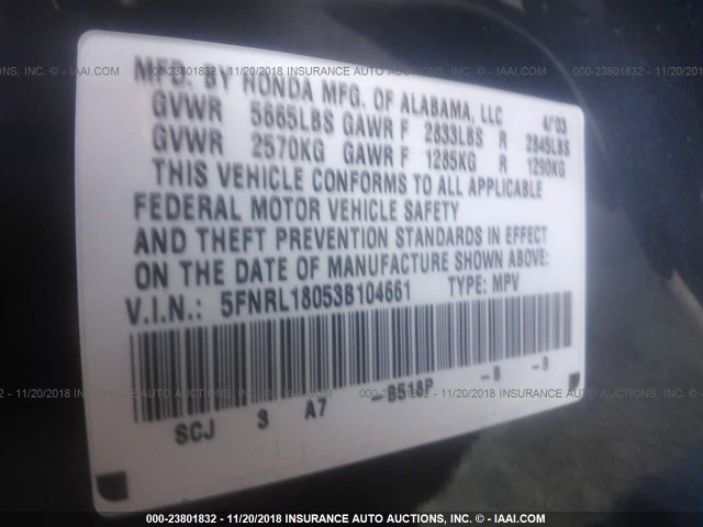 5FNRL18053B104661 - 2003 HONDA ODYSSEY EXL BLUE photo 9