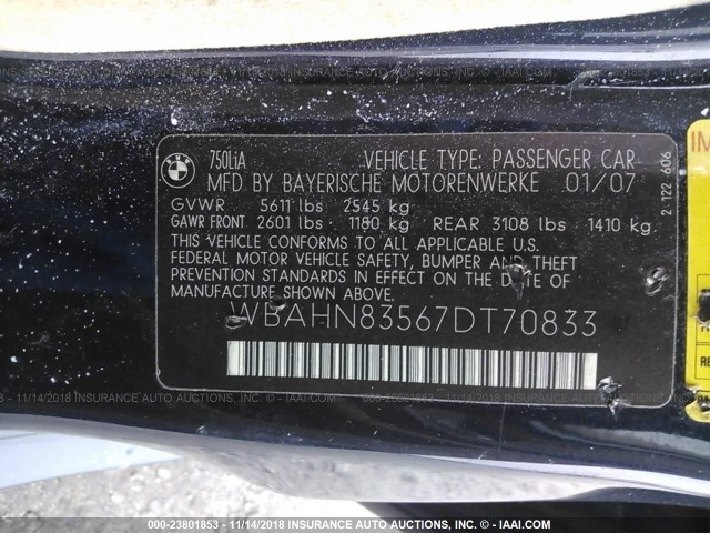 WBAHN83567DT70833 - 2007 BMW 750 Dark Blue photo 9