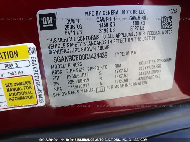 5GAKRCED8CJ424439 - 2012 BUICK ENCLAVE BURGUNDY photo 9