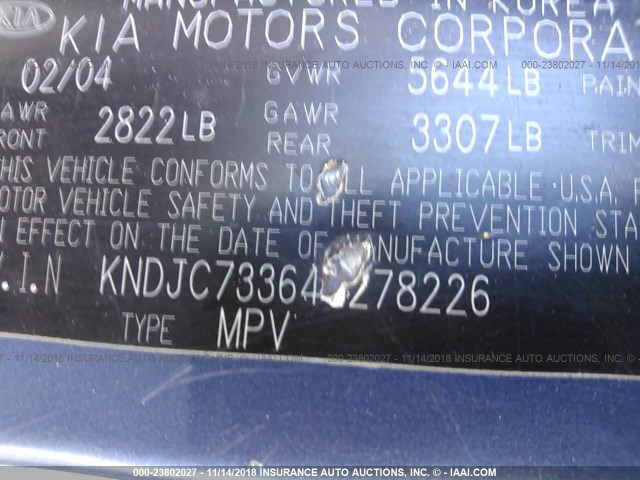 KNDJC733645278226 - 2004 KIA SORENTO EX/LX BLUE photo 9