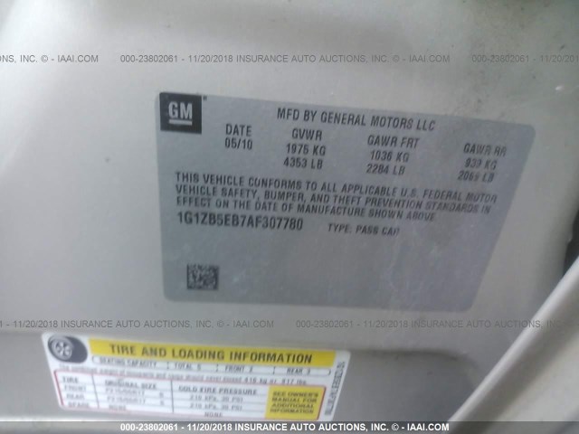 1G1ZB5EB7AF307780 - 2010 CHEVROLET MALIBU LS 金色 照片 9