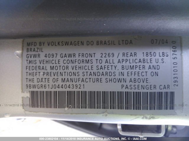 9BWGR61J044043921 - 2004 VOLKSWAGEN GOLF GLS TDI SILVER photo 9