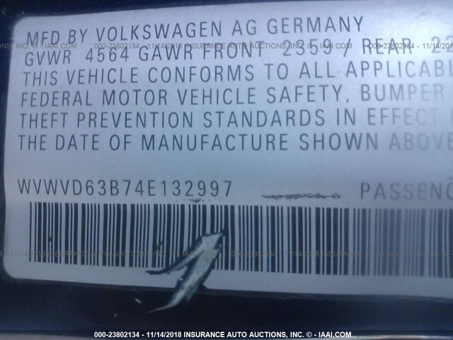 WVWVD63B74E132997 - 2004 VOLKSWAGEN PASSAT BLUE photo 9