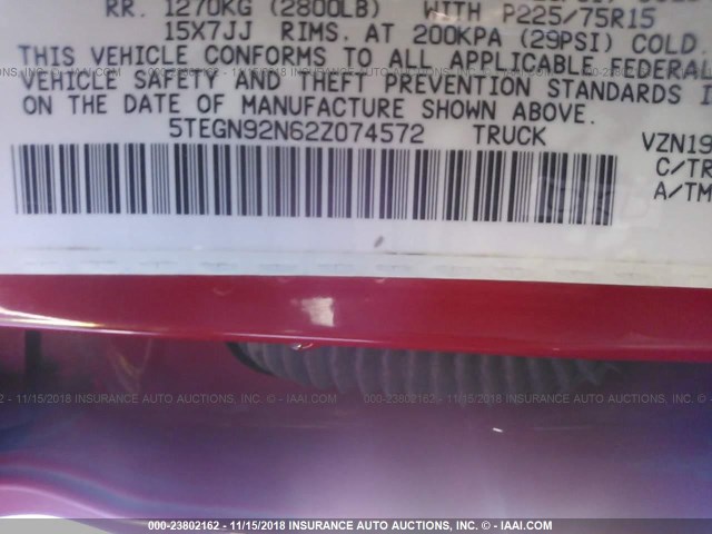 5TEGN92N62Z074572 - 2002 TOYOTA TACOMA DOUBLE CAB PRERUNNER RED photo 9