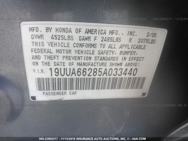 19UUA66285A033440 - 2005 ACURA TL GRAY photo 9