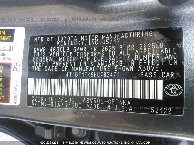 4T1BF1FK9HU783471 - 2017 TOYOTA CAMRY LE/XLE/SE/XSE GRAY photo 9