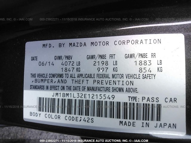 JM1BM1L32E1215549 - 2014 MAZDA 3 TOURING GRAY photo 9