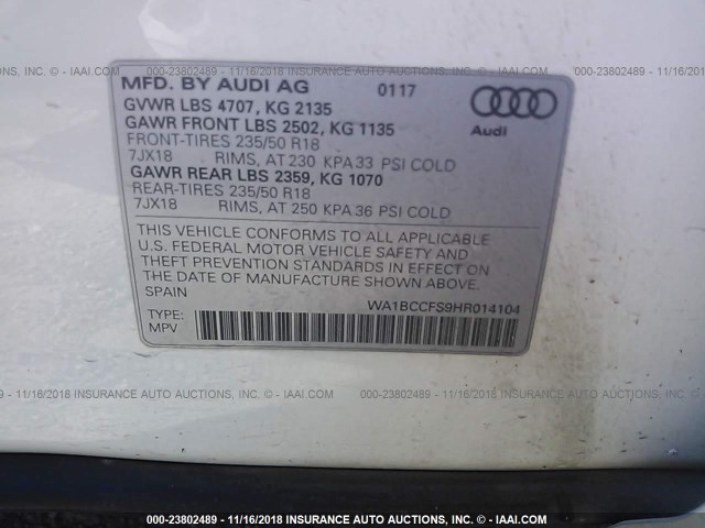 WA1BCCFS9HR014104 - 2017 AUDI Q3 PREMIUM WHITE photo 9