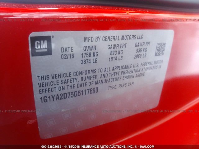 1G1YA2D75G5117890 - 2016 CHEVROLET CORVETTE STINGRAY/1LT RED photo 9