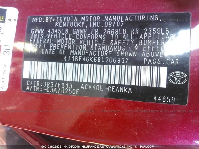 4T1BE46K68U206837 - 2008 TOYOTA CAMRY CE/LE/XLE/SE MAROON photo 9