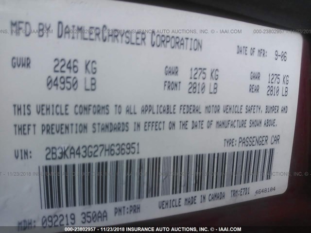 2B3KA43G27H636951 - 2007 DODGE CHARGER SE/SXT RED photo 9