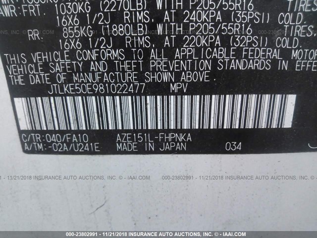 JTLKE50E981022477 - 2008 TOYOTA SCION XB Ақ фото 9