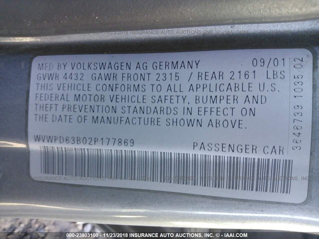 WVWPD63B02P177869 - 2002 VOLKSWAGEN PASSAT GLS SILVER photo 9