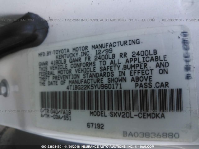 4T1BG22K5YU960171 - 2000 TOYOTA CAMRY CE/LE/XLE WHITE photo 9