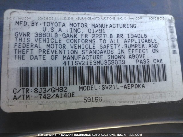 4T1SV21E3MU358039 - 1991 TOYOTA CAMRY DLX BLUE photo 9