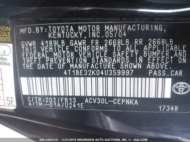 4T1BE32K04U359997 - 2004 TOYOTA CAMRY LE/XLE/SE BLACK photo 9