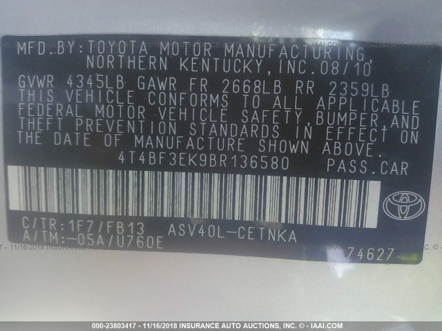 4T4BF3EK9BR136580 - 2011 TOYOTA CAMRY SE/LE/XLE 银色 照片 9