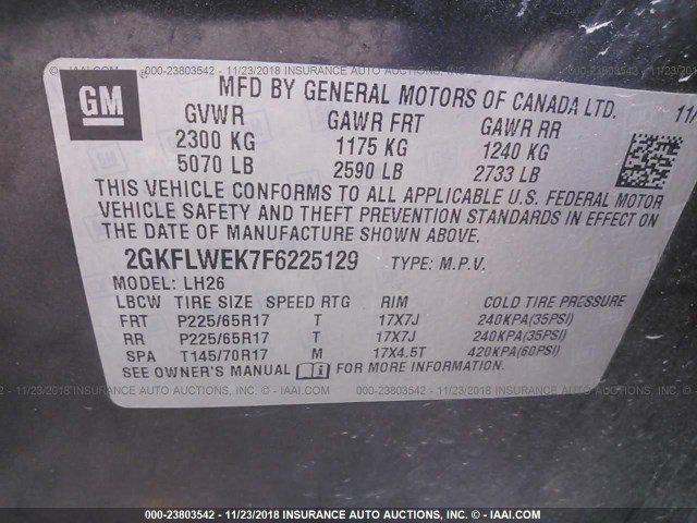 2GKFLWEK7F6225129 - 2015 GMC TERRAIN SLE BLACK photo 9