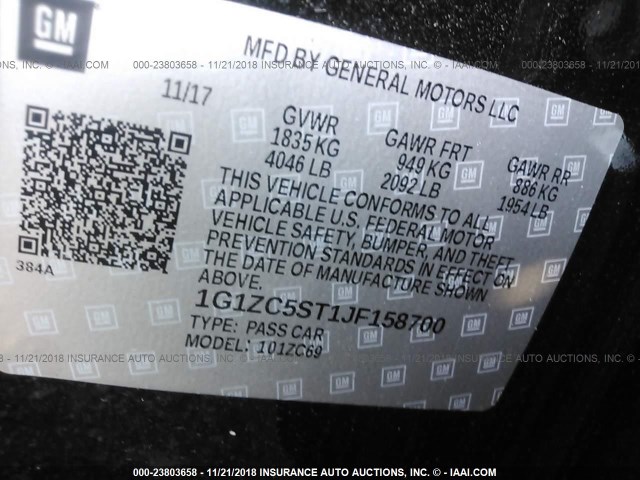 1G1ZC5ST1JF158700 - 2018 CHEVROLET MALIBU LS 黑色 照片 9